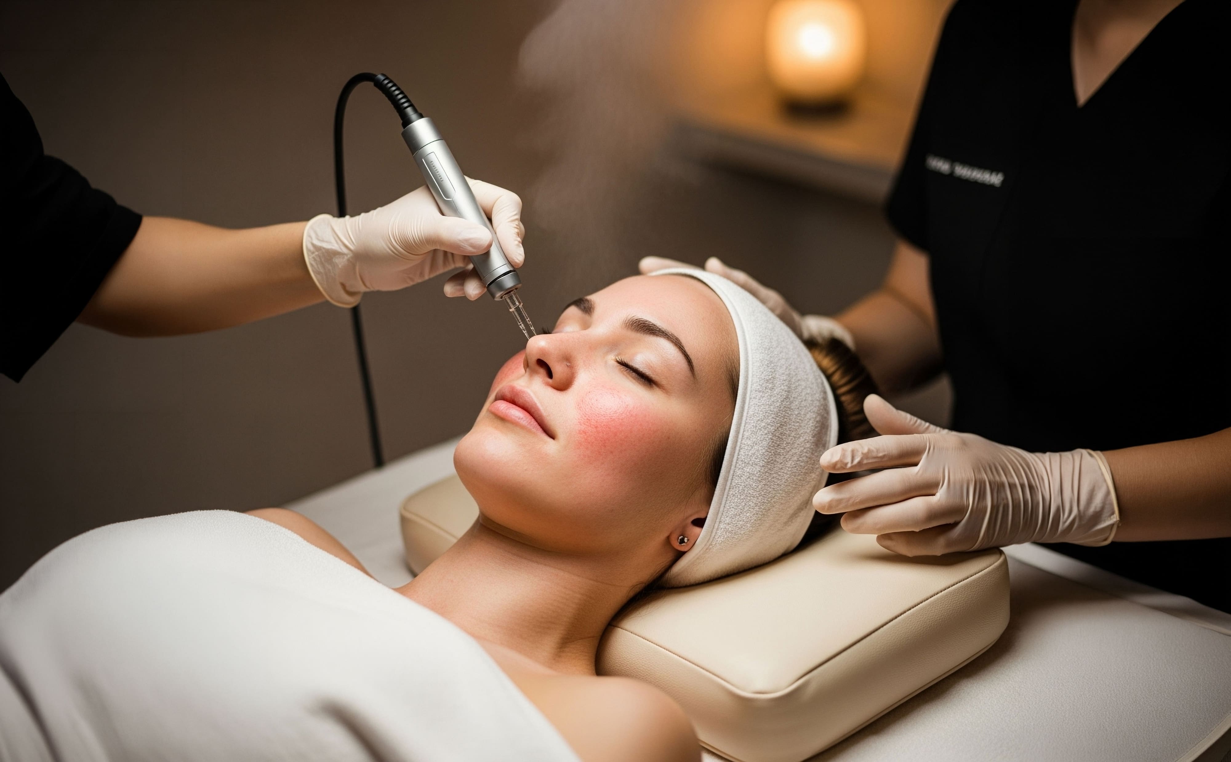 Aesthetician guiding a microneedling pen across a relaxed patient's cheek