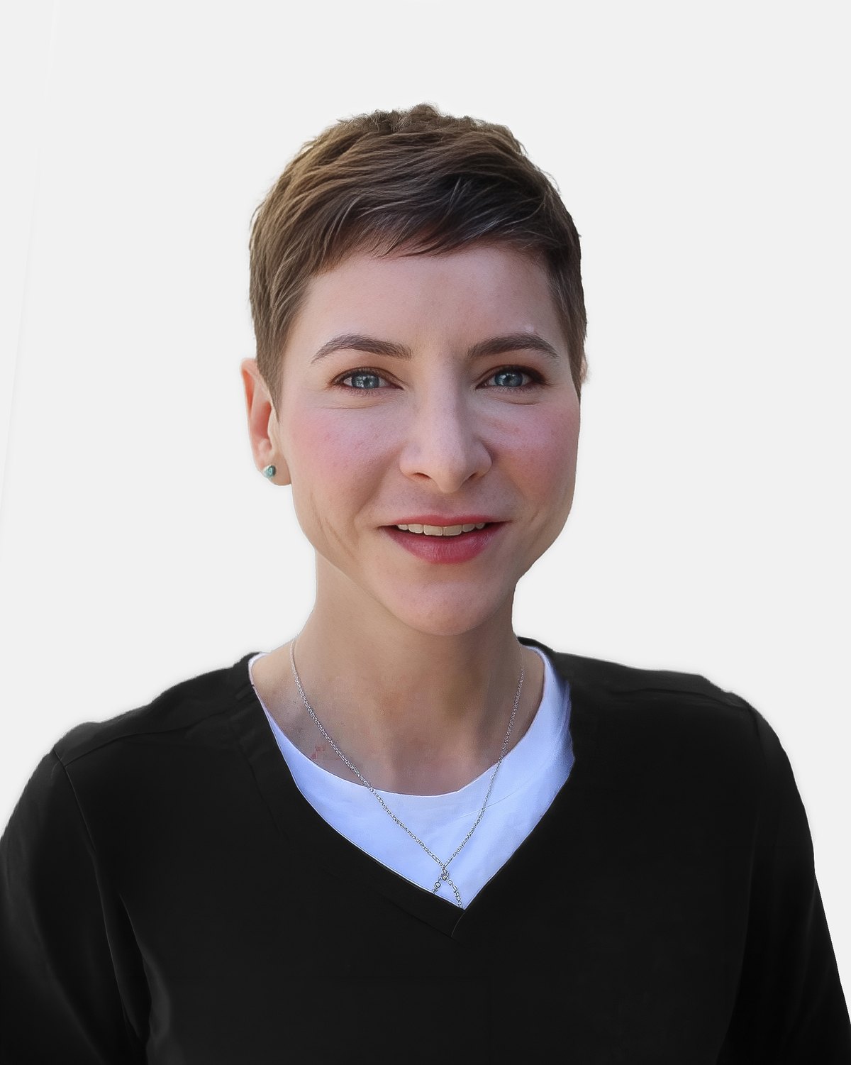 Sarah Rutherford, paramedical aesthetician, smiling in a black V-neck sweater